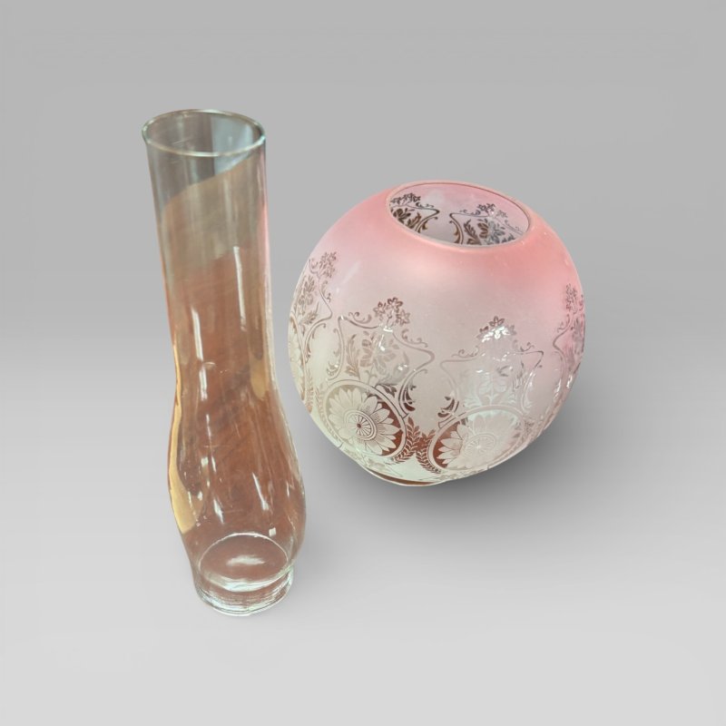 Antique Victorian Cranberry Etched Glass Oil Lamp With Brass Column - Image 10